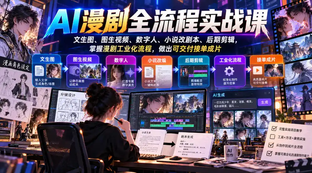 AI漫剧全流程实战课，文生图、图生视频、数字人、小说改剧本、后期剪辑，掌握漫剧工业化流程，做出可交付接单成片-北极星资源库