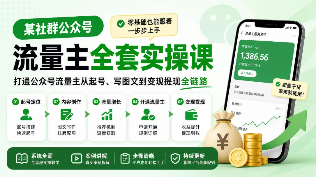 某社群公众号流量主全套实操课，零基础也能跟着一步步上手，打通公众号流量主从起号、写图文到变现提现全链路-北极星资源库