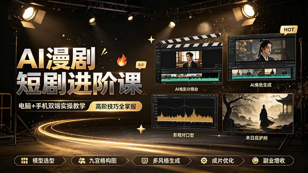 AI漫剧短剧进阶课｜电脑+手机双端实操教学｜影视剧对口型人物吃瓜×解压末日庇护所全程讲解，高阶技巧全掌握-北极星资源库