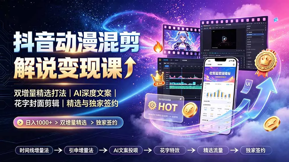 抖音动漫混剪解说变现课：双增量精选打法｜AI深度文案｜花字封面剪辑｜ 精选与独家签约日入1000+-北极星资源库