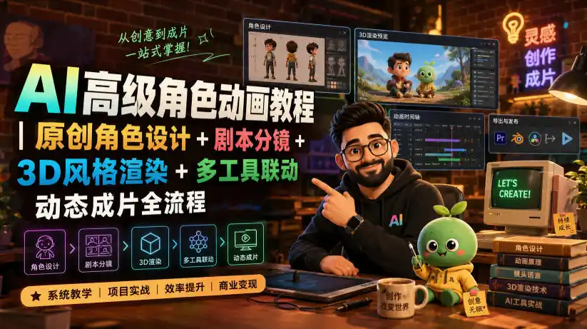 AI高级角色动画教程｜原创角色设计+剧本分镜+3D风格渲染+多工具联动动态成片全流程【中英字幕】-北极星资源库