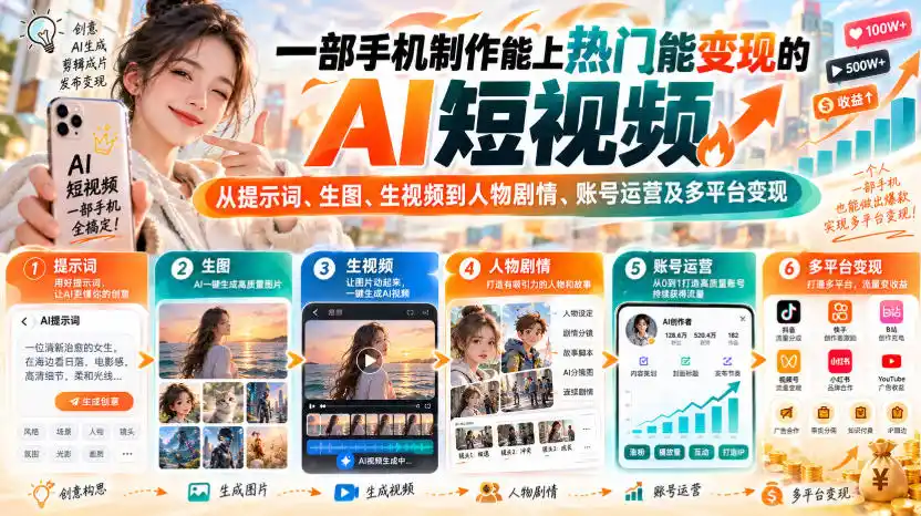 【无水印】一部手机制作能上热门能变现的AI短视频，从提示词、生图、生视频到人物剧情、账号运营及多平台变现-北极星资源库