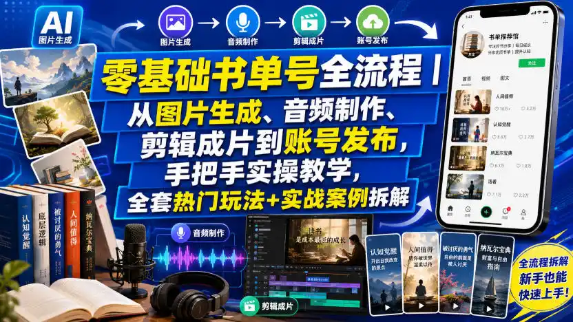 零基础书单号全流程｜从图片生成、音频制作、剪辑成片到账号发布，手把手实操教学，全套热门玩法+实战案例拆解-北极星资源库