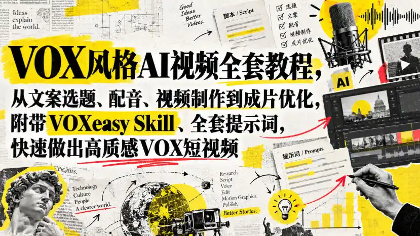 VOX风格AI视频全套教程,从文案选题、配音、视频制作到成片优化,附带VOXeasy Skill、全套提示词,快速做出高质感VOX短视频-北极星资源库