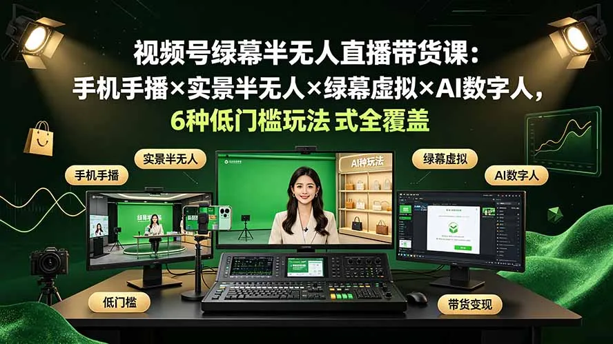 视频号绿幕半无人直播带货课：手机手播×实景半无人×绿幕虚拟×AI数字人，6种低门槛玩法全覆盖-北极星资源库