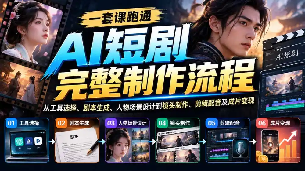一套课跑通AI短剧完整制作流程：从工具选择、剧本生成、人物场景设计到镜头制作、剪辑配音及成片变现-北极星资源库