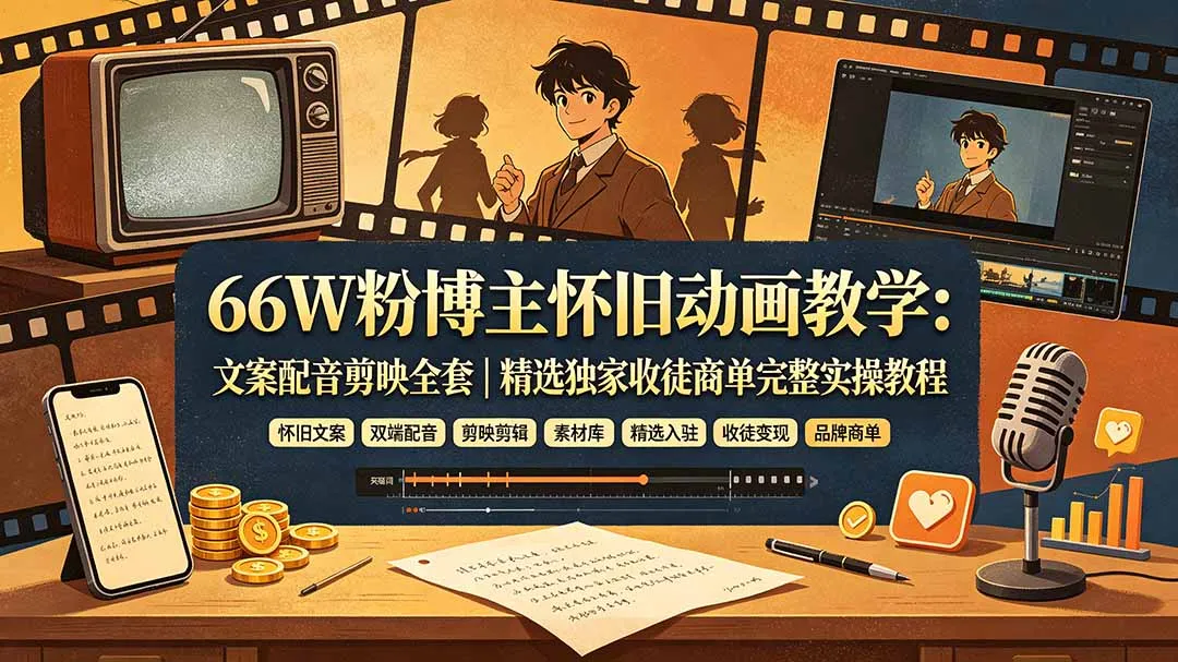 66W粉博主怀旧动画教学：文案配音剪映全套｜精选独家收徒商单完整实操教程-北极星资源库