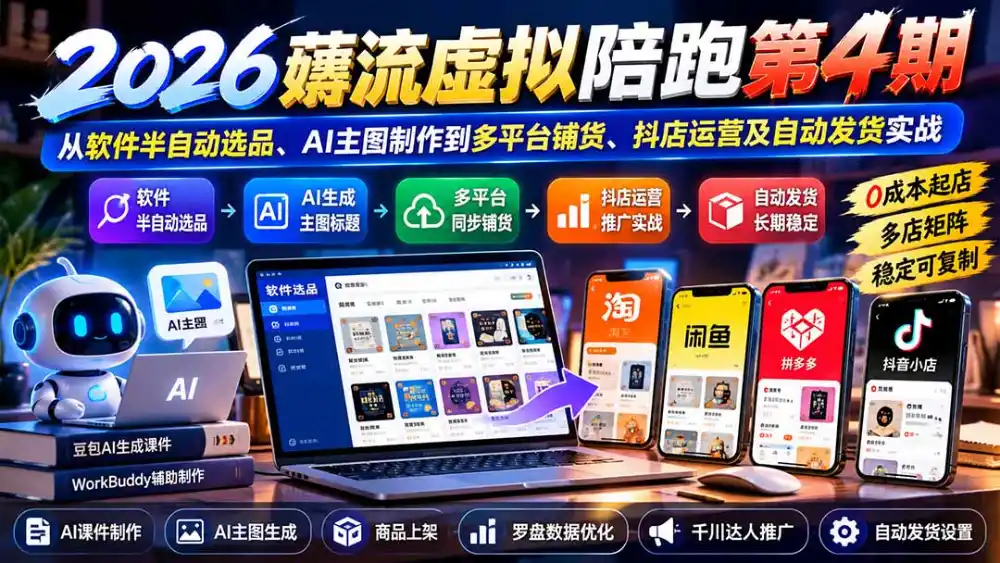 2026薅流虚拟陪跑第4期：从软件半自动选品、AI主图制作到多平台铺货、抖店运营及自动发货实战-北极星资源库