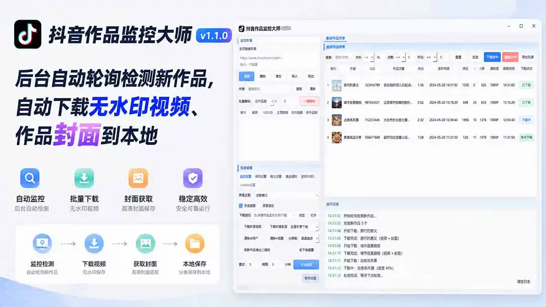 抖音作品监控大师v1.1.0：后台自动轮询检测新作品，自动下载无水印视频、作品封面到本地-北极星资源库