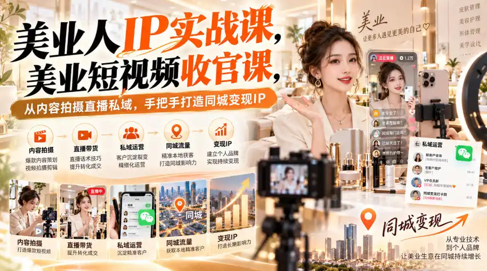 【无水印】美业人IP实战课，美业短视频收官课，从内容拍摄直播私域，手把手打造同城变现IP-北极星资源库