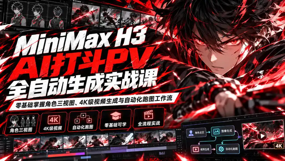 MiniMax H3 AI打斗PV全自动生成实战课：零基础掌握角色三视图、4K级视频生成与自动化跑图工作流-北极星资源库