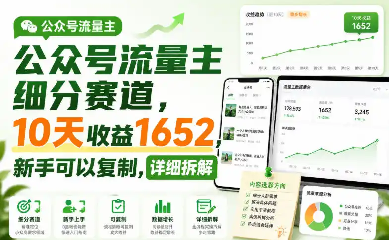 公众号流量主细分赛道，10天收益1652，新手可以复制，详细拆解-北极星资源库