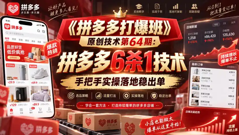 《拼多多打爆班》原创技术第64期：拼多多6杀1技术，手把手实操落地稳出单-北极星资源库