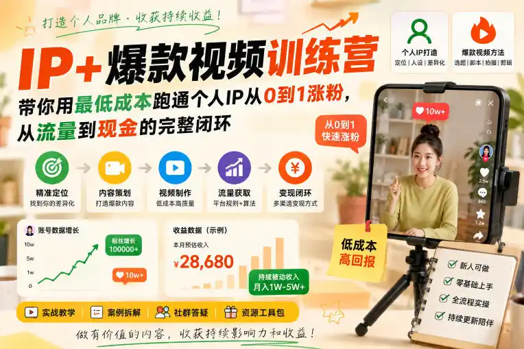 IP+爆款视频训练营，带你用最低成本跑通个人IP从0到1涨粉，从流量到现金的完整闭环-北极星资源库