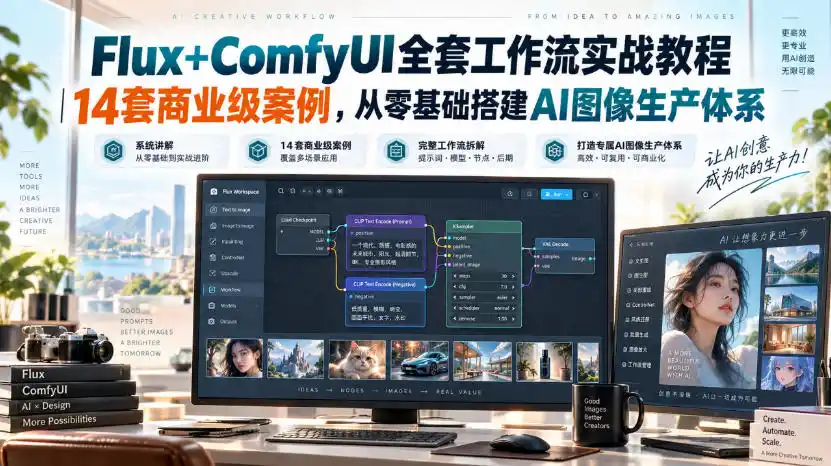 Flux+ComfyUI全套工作流实战教程｜14套商业级案例，从零基础搭建AI图像生产体系-北极星资源库