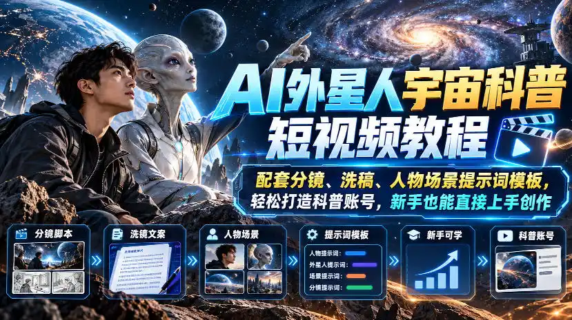 AI外星人宇宙科普短视频教程，配套分镜、洗稿、人物场景提示词模板，轻松打造科普账号，新手也能直接上手创作-北极星资源库
