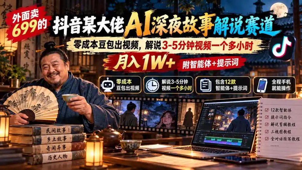 外面卖699抖音某大佬AI深夜故事解说赛道-更新：0成本豆包出视频+解说3-5分钟视频一个多小时，月入1W+附智能体+提示词-北极星资源库