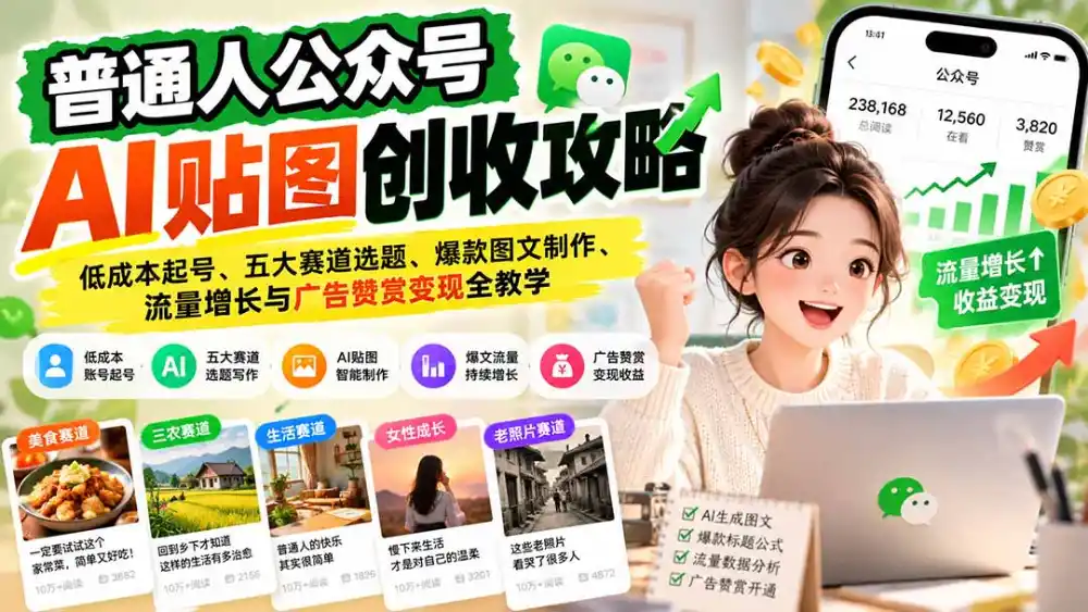 普通人公众号AI贴图创收攻略：低成本起号、五大赛道选题、爆款图文制作、流量增长与广告赞赏变现全教学-北极星资源库
