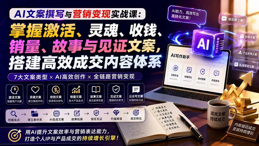AI文案撰写与营销变现实战课：掌握激活、灵魂、收钱、销量、故事与见证文案，搭建高效成交内容体系-北极星资源库