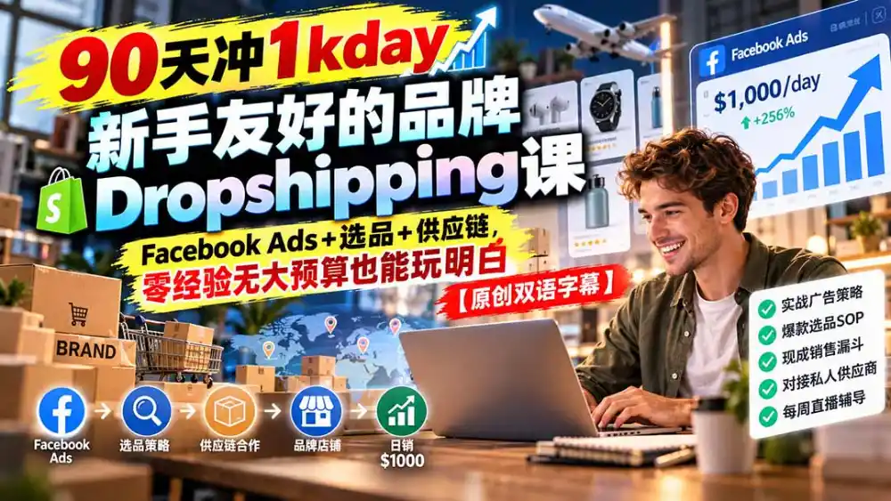 90天冲1kday 新手友好的品牌Dropshipping课：Facebook Ads+选品+供应链，零经验无大预算也能玩明白【原创双语字幕】-北极星资源库