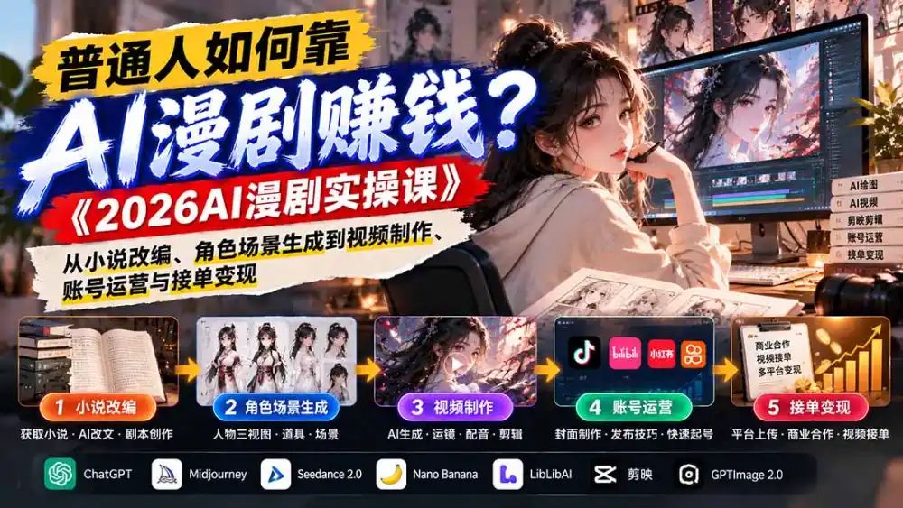 普通人如何靠AI漫剧赚钱？《2026AI漫剧实操课》从小说改编、角色场景生成到视频制作、账号运营与接单变现-北极星资源库