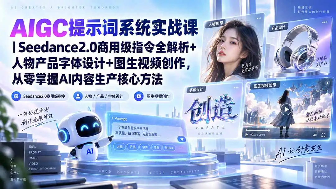 AIGC提示词系统实战课-无水印｜Seedance2.0商用级指令全解析+人物产品字体设计+图生视频创作，掌握AI内容生产方法-北极星资源库