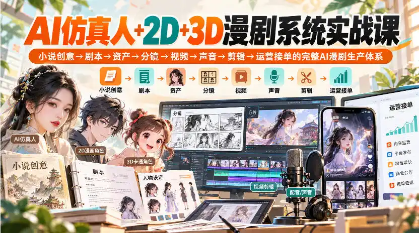 【无水印】AI仿真人+2D+3D漫剧系统实战课,小说创意→剧本→资产→分镜→视频→声音→剪辑→运营接单的完整AI漫剧生产体系-北极星资源库