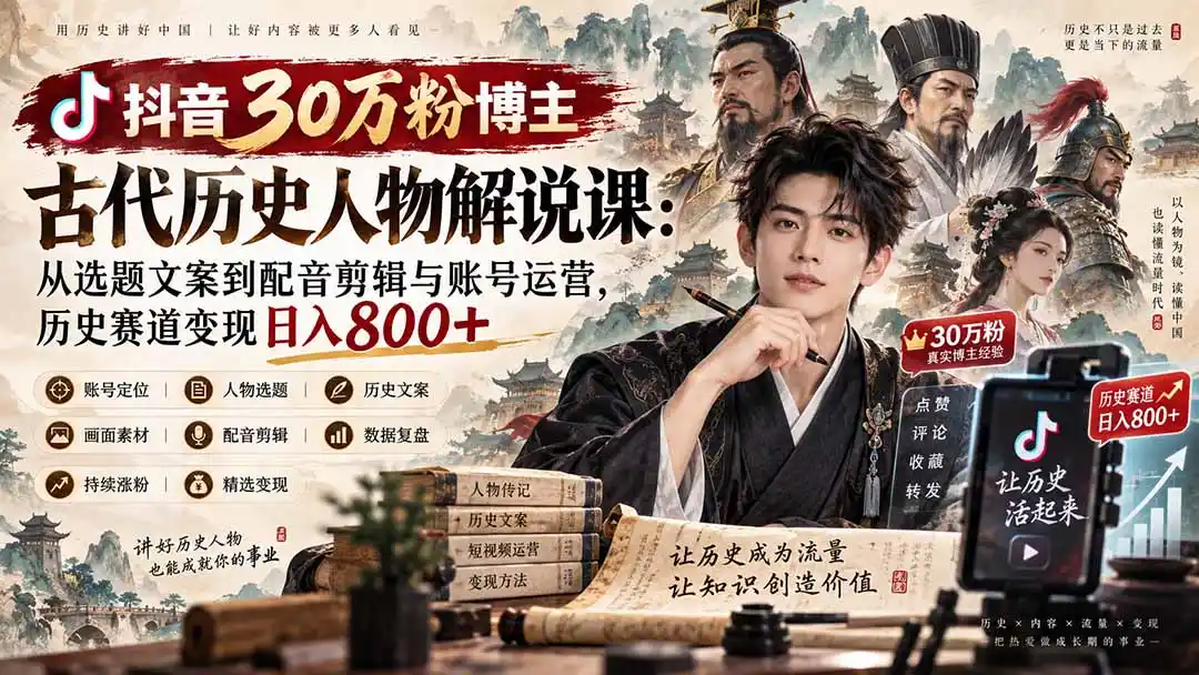 抖音30万粉博主古代历史人物解说课：从选题文案到配音剪辑与账号运营，历史赛道变现日入800+-北极星资源库