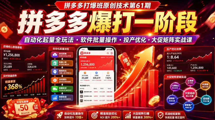 拼多多打爆班原创技术第61期，拼多多爆打一阶段，自动化起量全玩法・软件批量操作・投产优化・大促矩阵实战课-北极星资源库