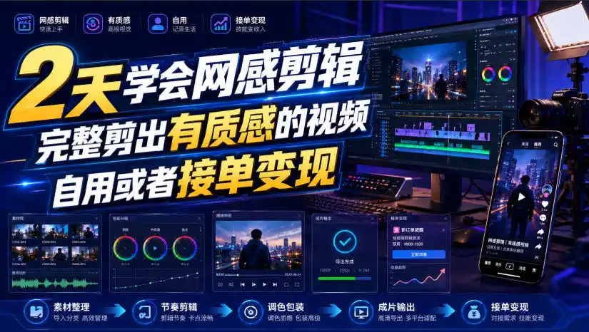 2天学会网感剪辑，完整剪出有质感的视频，自用或者接单变现-北极星资源库