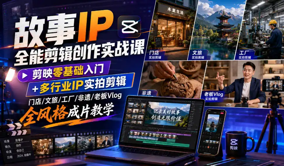 故事IP全能剪辑创作实战课｜剪映零基础入门+多行业IP实拍剪辑，门店/文旅/工厂/非遗/老板Vlog全风格成片教学-北极星资源库