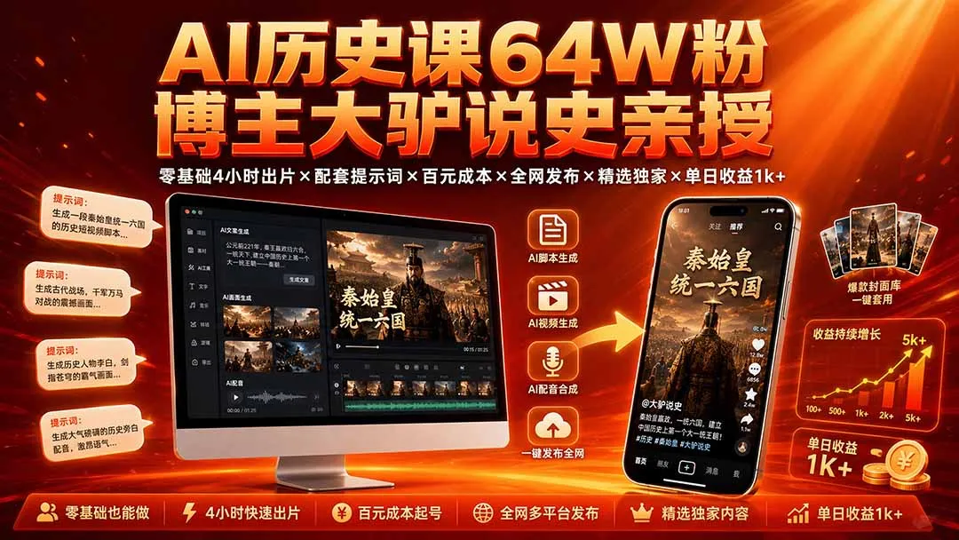 AI历史课64W粉博主大驴说史亲授:零基础4小时出片×配套提示词×百元成本×全网发布×精选独家×单日收益1k+-北极星资源库