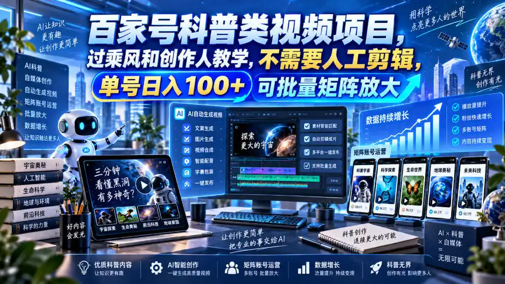 百家号科普类视频项目,过乘风和创作人教学,不需要人工剪辑,单号日入100+可批量矩阵放大-北极星资源库