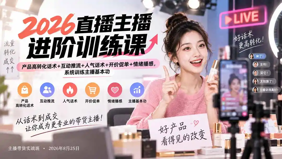 2026直播主播进阶训练课：产品高转化话术+互动推流+人气话术+开价促单+情绪播感，系统训练主播基本功-北极星资源库