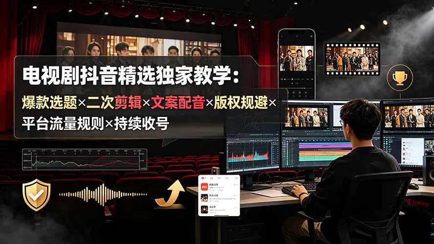 电视剧抖音精选独家教学：爆款选题×二次剪辑×文案配音×版权规避×平台流量规则×持续收益账号-北极星资源库