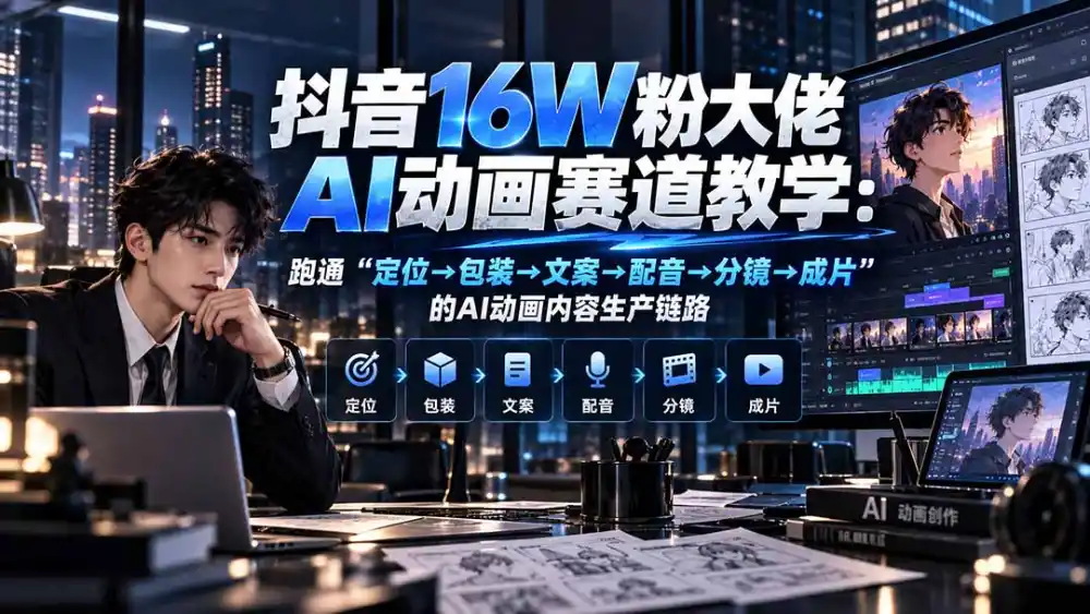 抖音16W粉大佬规则门禁AI动画赛道教学：跑通“定位→包装→文案→配音→分镜→成片”的AI动画内容生产链路-北极星资源库