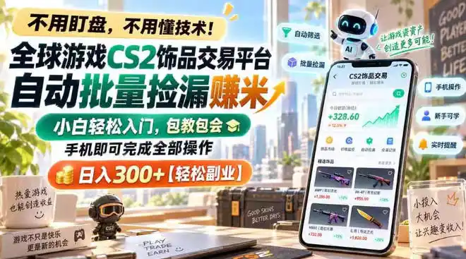 全球游戏CS2饰品交易平台自动批量捡漏賺米，小白轻松入门，包教包会，手机即可完成全部操作，日入300+【揭秘】-北极星资源库