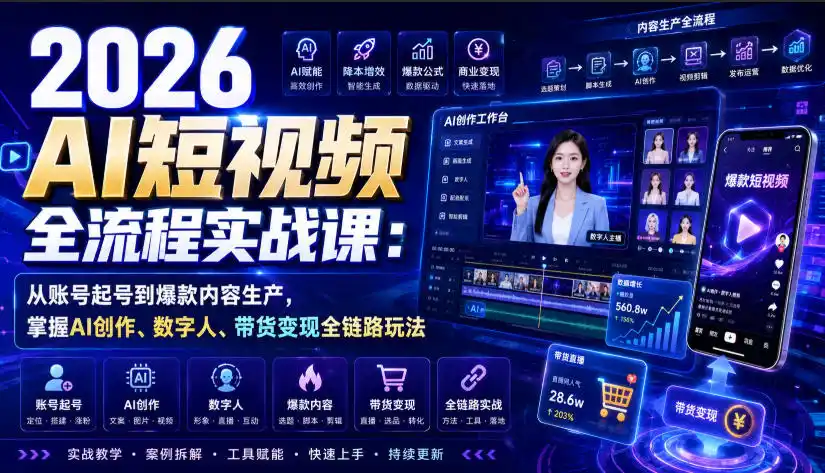 2026 AI短视频全流程实战课：从账号起号到爆款内容生产，掌握AI创作、数字人、带货变现全链路玩法-北极星资源库