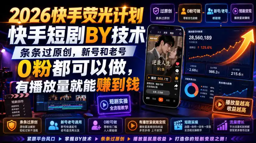 2026快手荧光计划，快手短剧搬运技术，条条过原创，新号和老号0粉都可以做，有播放量就能賺到钱-北极星资源库