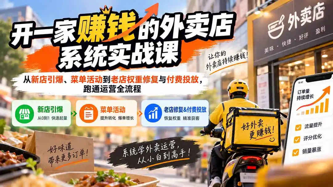 开一家赚钱的外卖店系统实战课：从新店引爆、菜单活动到老店权重修复与付费投放，跑通运营全流程-北极星资源库