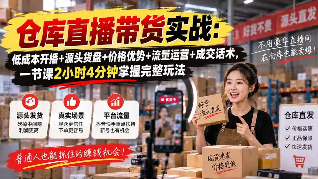 仓库直播带货实战：低成本开播+源头货盘+价格优势+流量运营+成交话术，一节课2小时4分钟掌握完整玩法-北极星资源库
