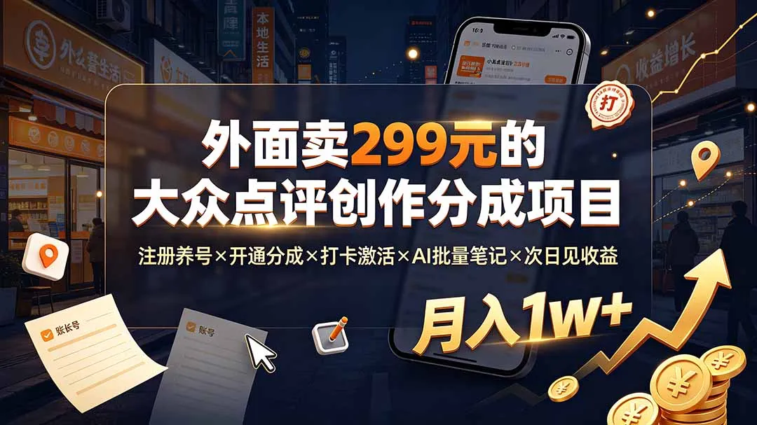 外面卖299元的大众点评创作分成项目：注册养号×开通分成×打卡激活×AI批量笔记×次日见收益，月入1w+-北极星资源库