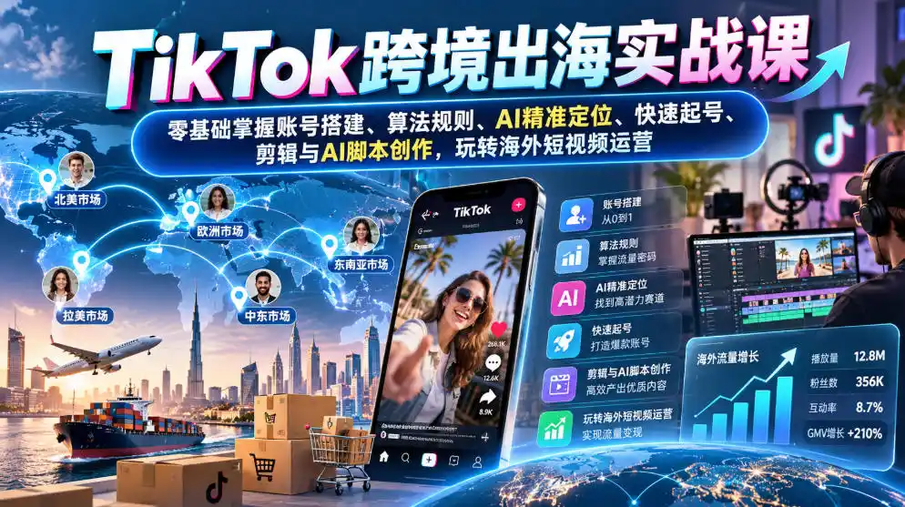 TikTok跨境出海实战课：零基础掌握账号搭建、算法规则、AI精准定位、快速起号、剪辑与AI脚本创作，玩转海外短视频运营-北极星资源库