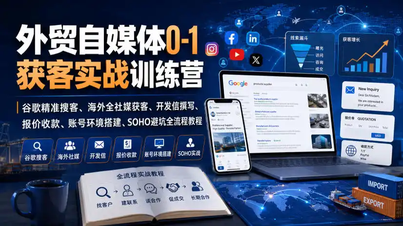 外贸自媒体0-1获客实战训练营｜谷歌精准搜客、海外全社媒获客、开发信撰写、报价收款、账号环境搭建、SOHO避坑全流程教程(更新)-北极星资源库