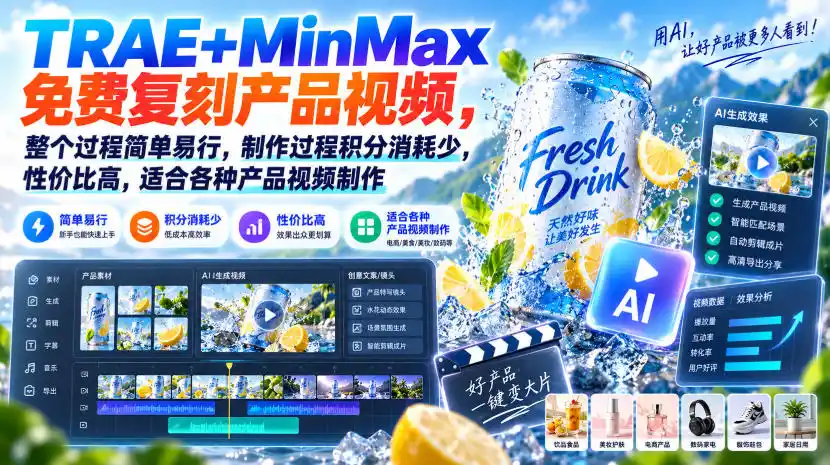 TRAE+MinMax免费复刻产品视频，整个过程简单易行，制作过程积分消耗少，性价比高，适合各种产品视频制作-北极星资源库