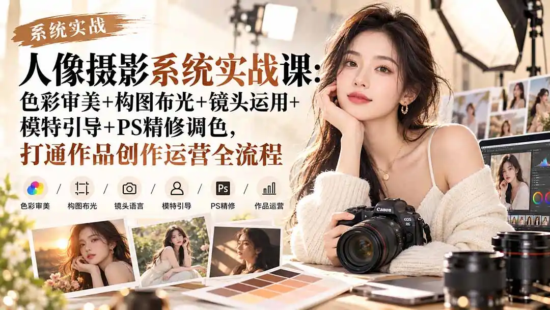 【无水印】人像摄影系统实战课：色彩审美+构图布光+镜头运用+模特引导+PS精修调色，打通作品创作运营全流程-北极星资源库