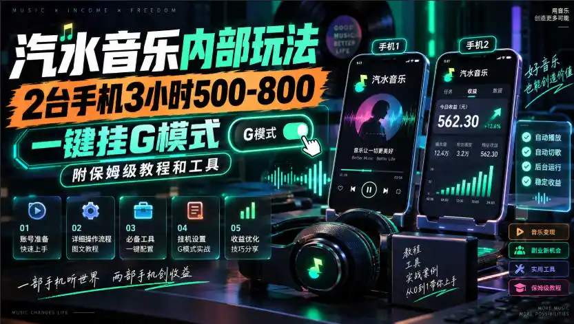 汽水音乐内部玩法，2台手机3小时500-800，一键挂G模式，附保姆级教程和工具【揭秘】-北极星资源库