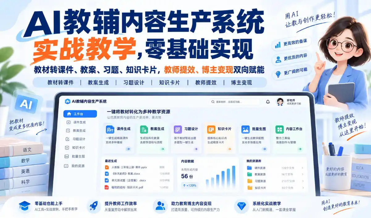 【无水印】AI教辅内容生产系统实战教学，零基础实现教材转课件、教案、习题、知识卡片，教师提效、博主变现双向赋能(更新0926)-北极星资源库