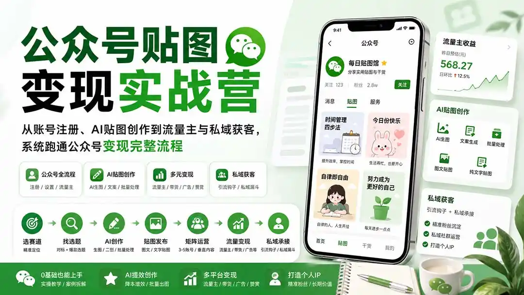 公众号贴图变现实战营：从账号注册、AI贴图创作到流量主与私域获客，系统跑通公众号变现完整流程-北极星资源库