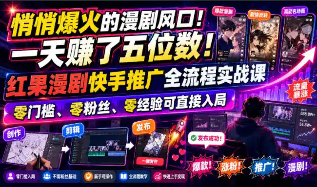 悄悄爆火的漫剧风口！一天賺了五位数！红果漫剧快手推广全流程实战课，零门槛、零粉丝、零经验可直接入局-北极星资源库
